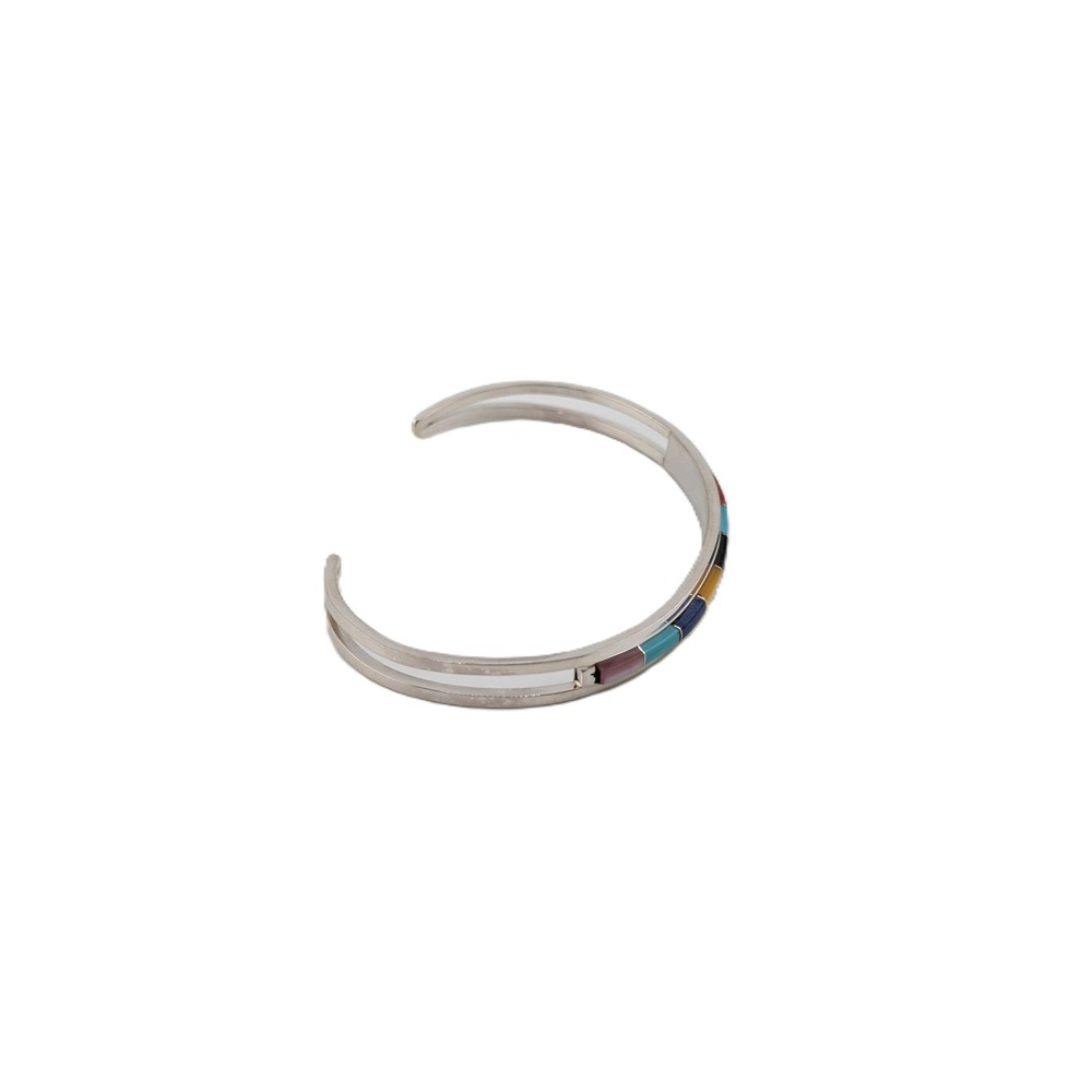 Zuni Multi Stone Inlay Slim Cuff‎ Bracelet Sterling Silver Sz 6.75in - Picture 4 of 6